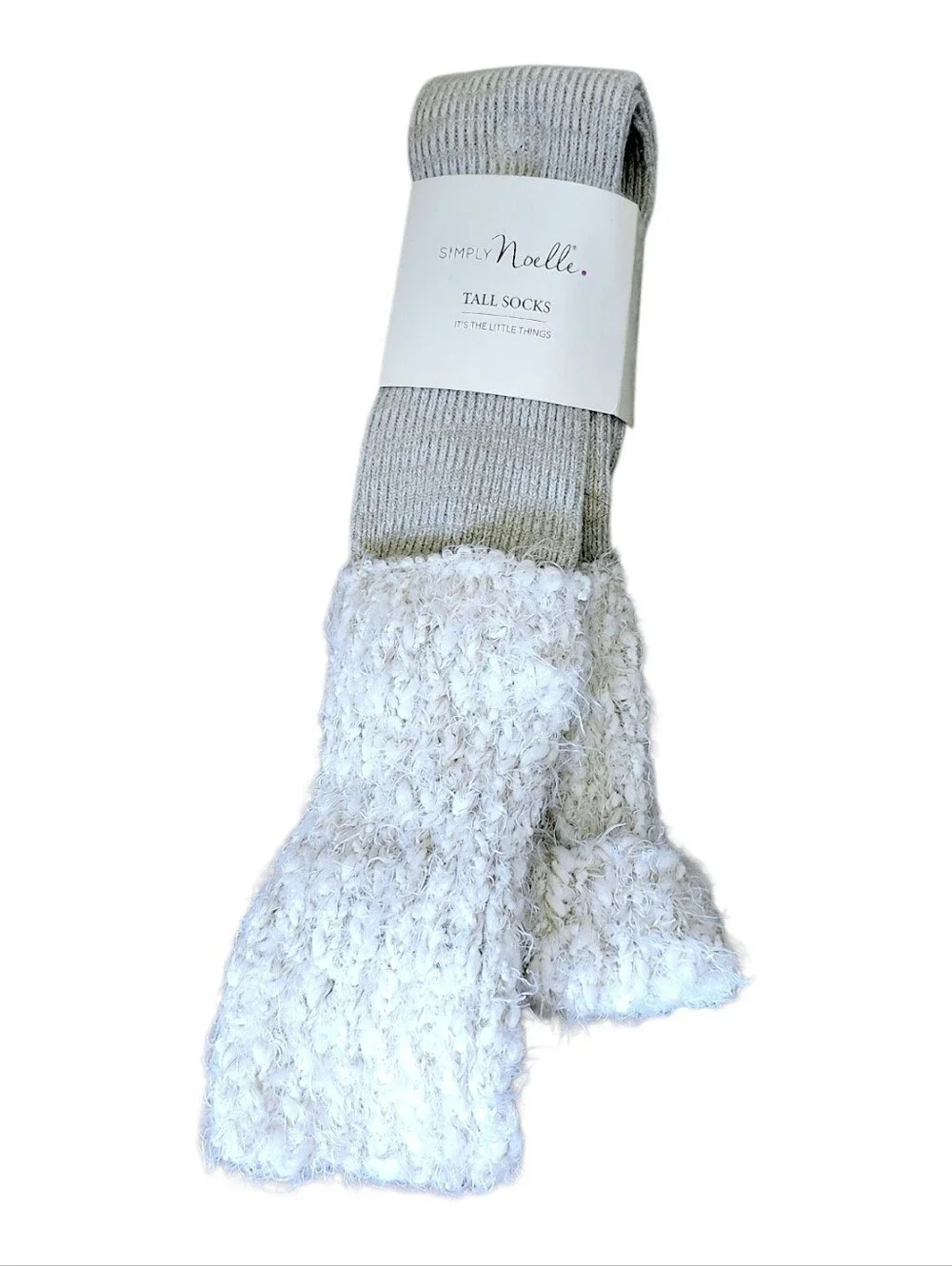 Simply Noelle Tall Fuzzy Knit Socks - Light Gray & White